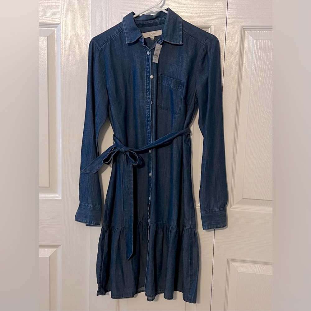 Loft, Chambray Flounce Shirtdress, XXS